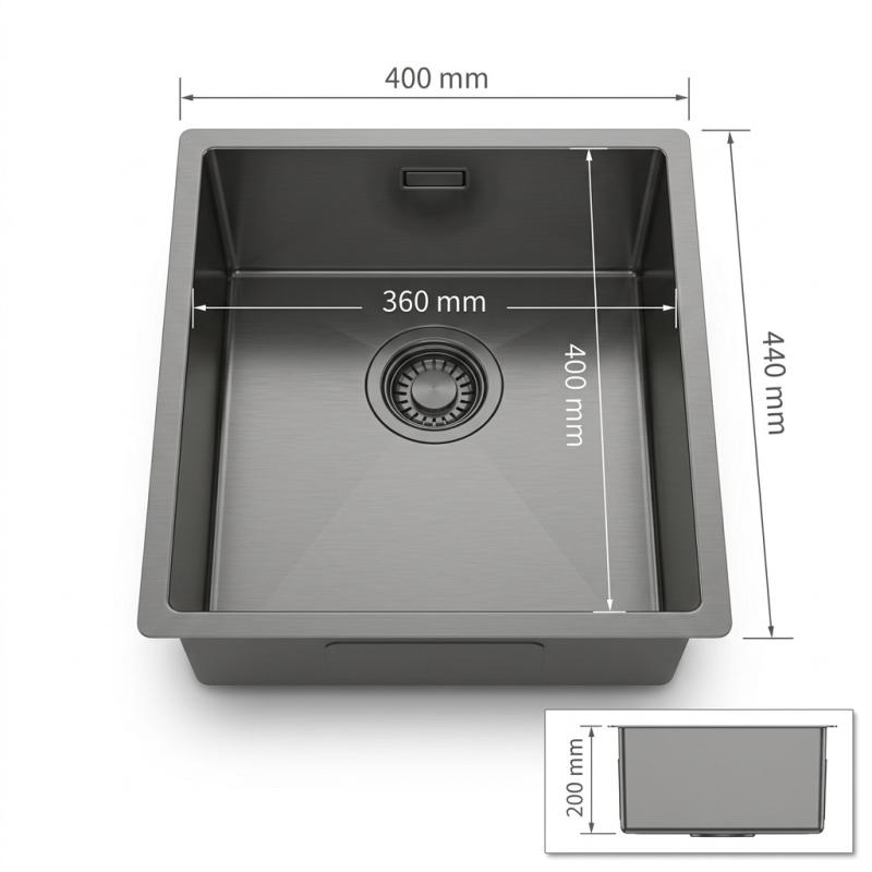 Pure.Sink Luxion Gun metal spoelbak 36x40 cm onderbouw, vlakinbouw en opbouw PLX3640-61